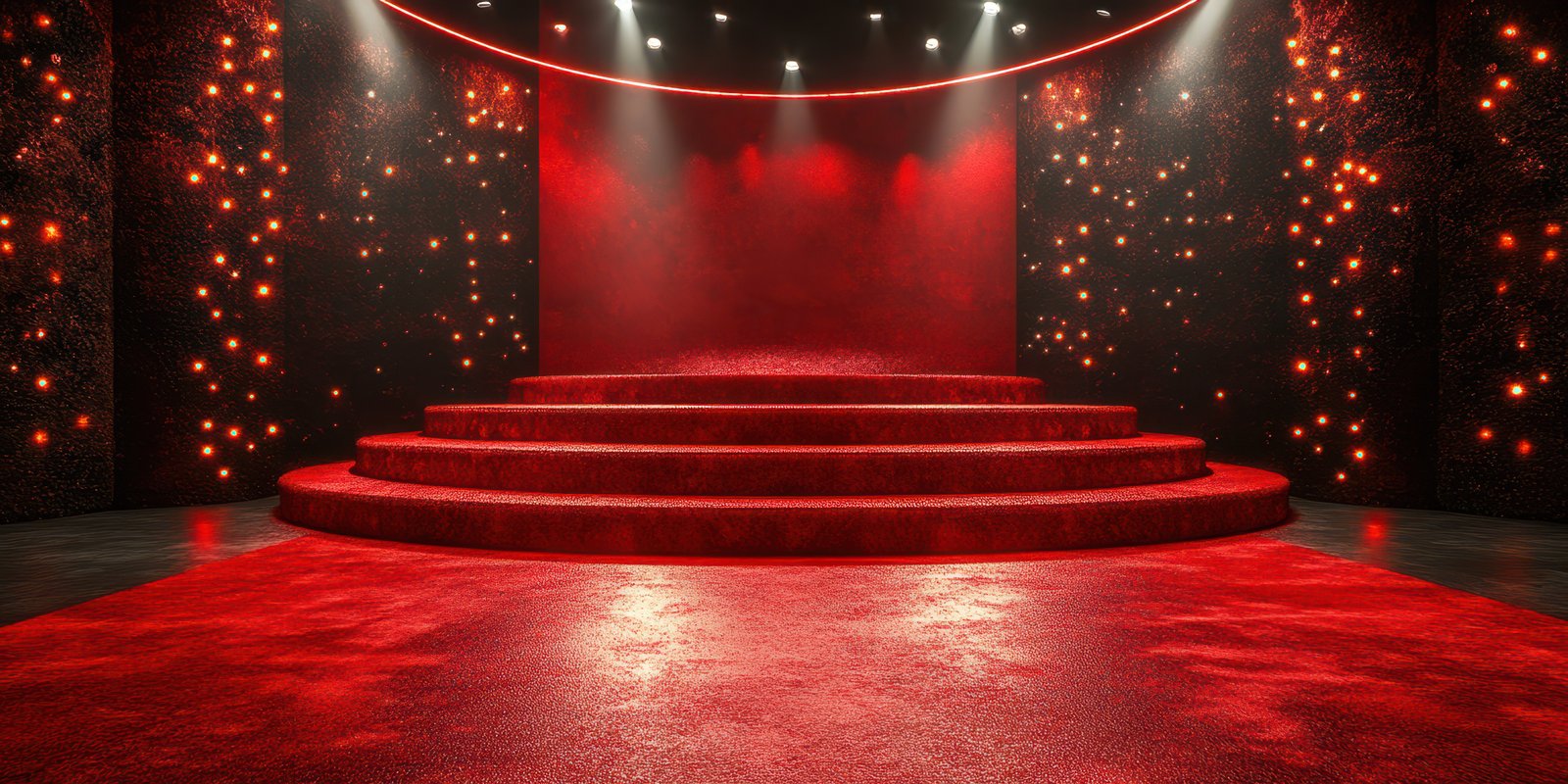 Stage design with red lighting and textured backdrop creating a dramatic atmosphere for performances
